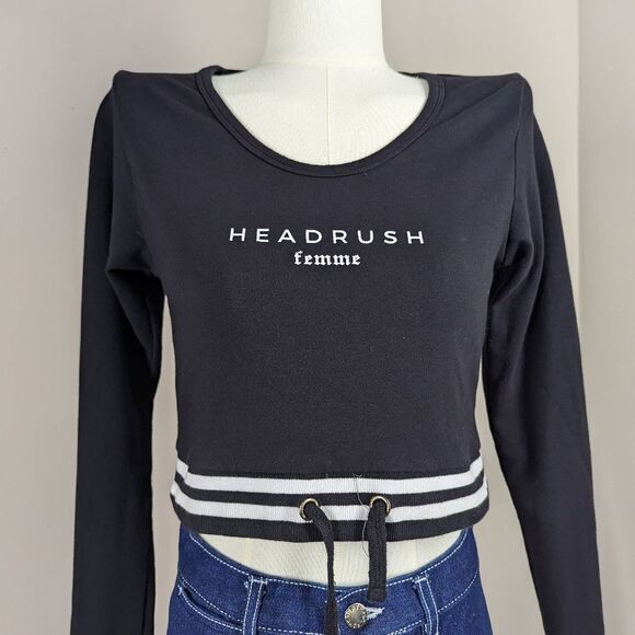 Headrush Femme Black Cropped Sweater – XXS – Long Sleeve Drawstring Pullover - Picture 5 of 7